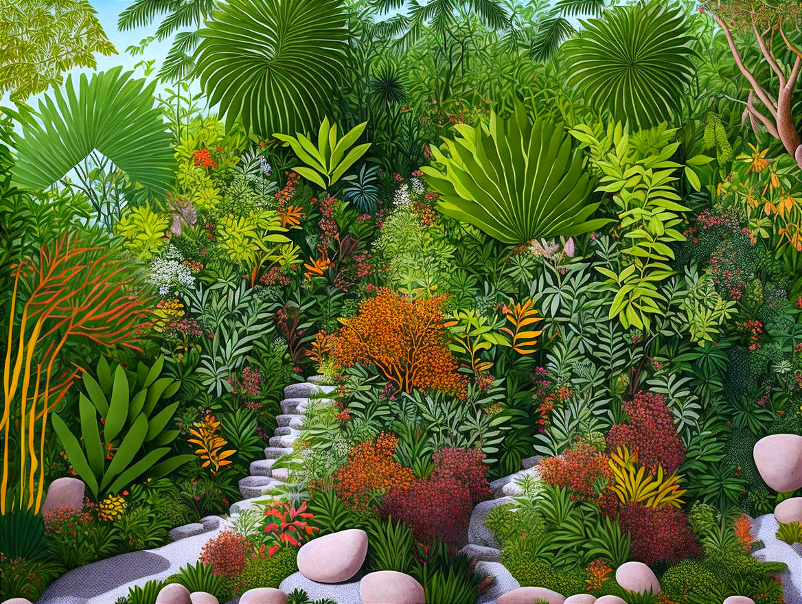 Vibrant Jungle Scene with Diverse Tropical Foliage