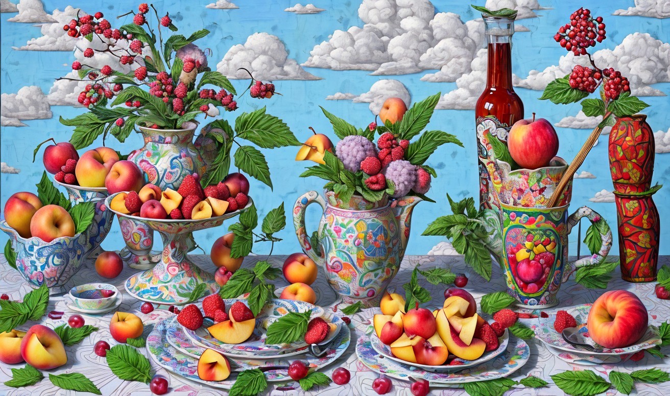 Vibrant Still Life of Colorful Fruits in Decorative Vases