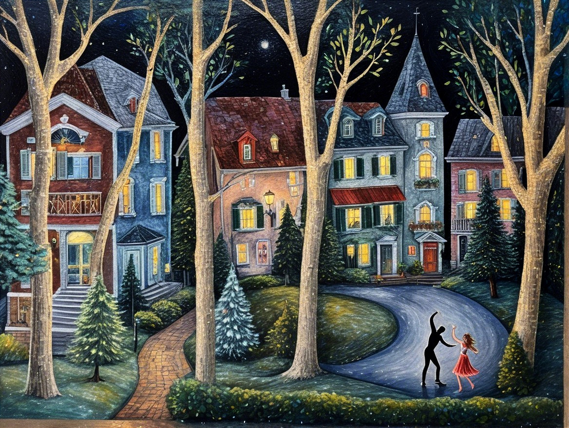 Whimsical Nighttime Scene with Charming Houses and Trees