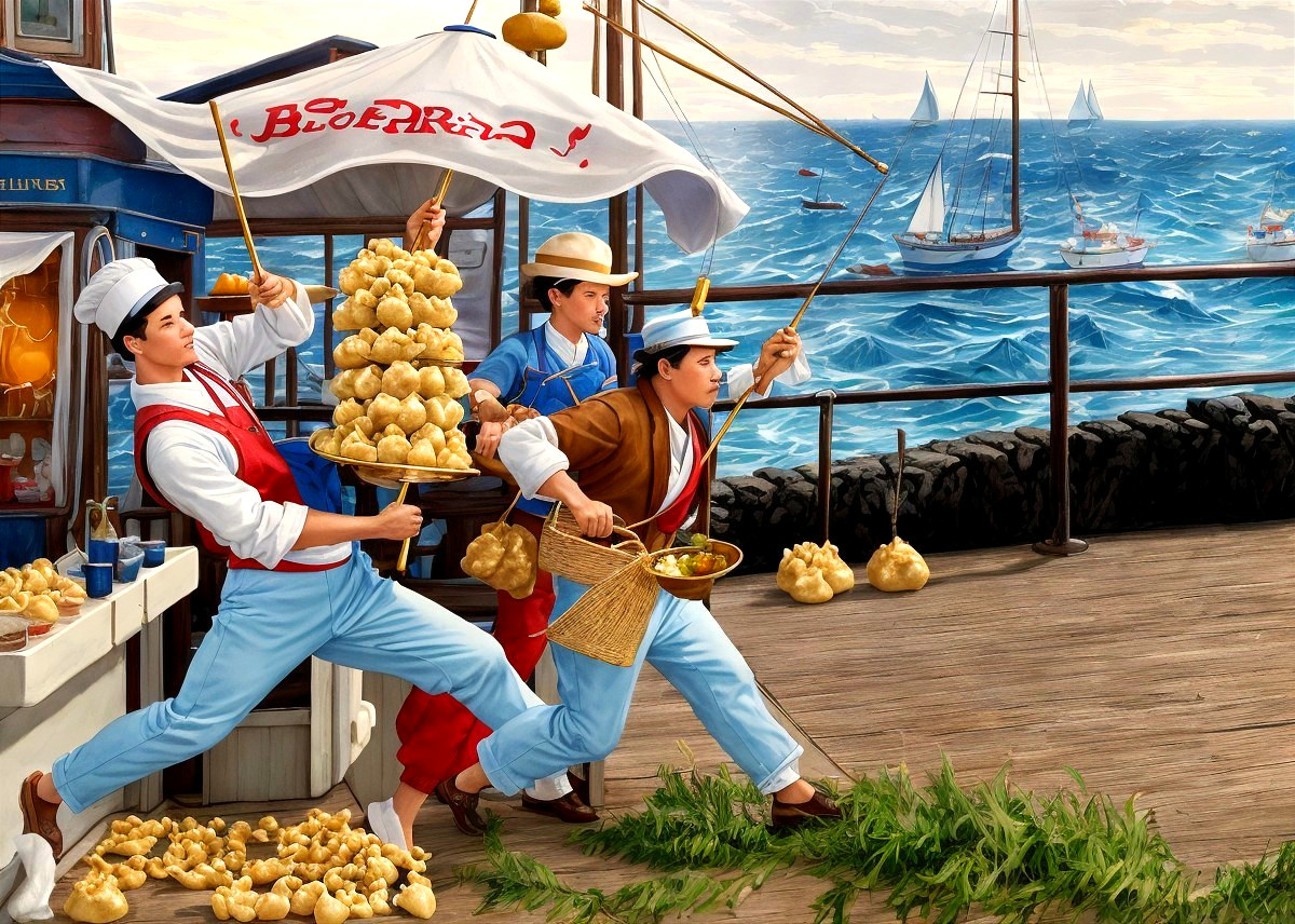Chefs in Uniforms Running on Pier with Sailing Boats