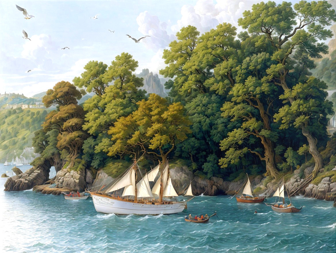 Coastal Landscape with Sailing Ship and Seagulls