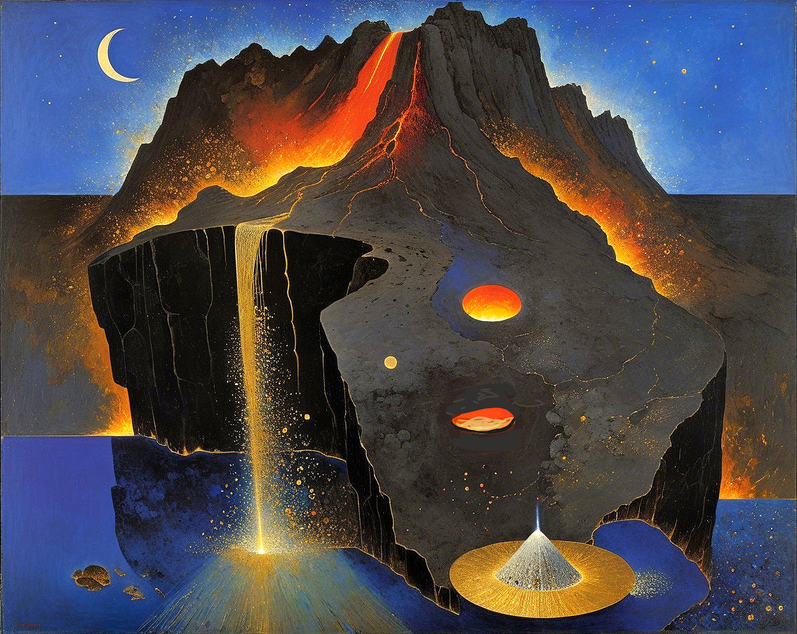 Surreal Volcanic Landscape Under Starry Night Sky