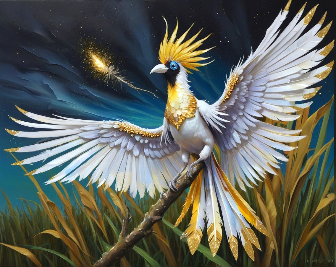 Majestic bird with white and golden feathers in night sky