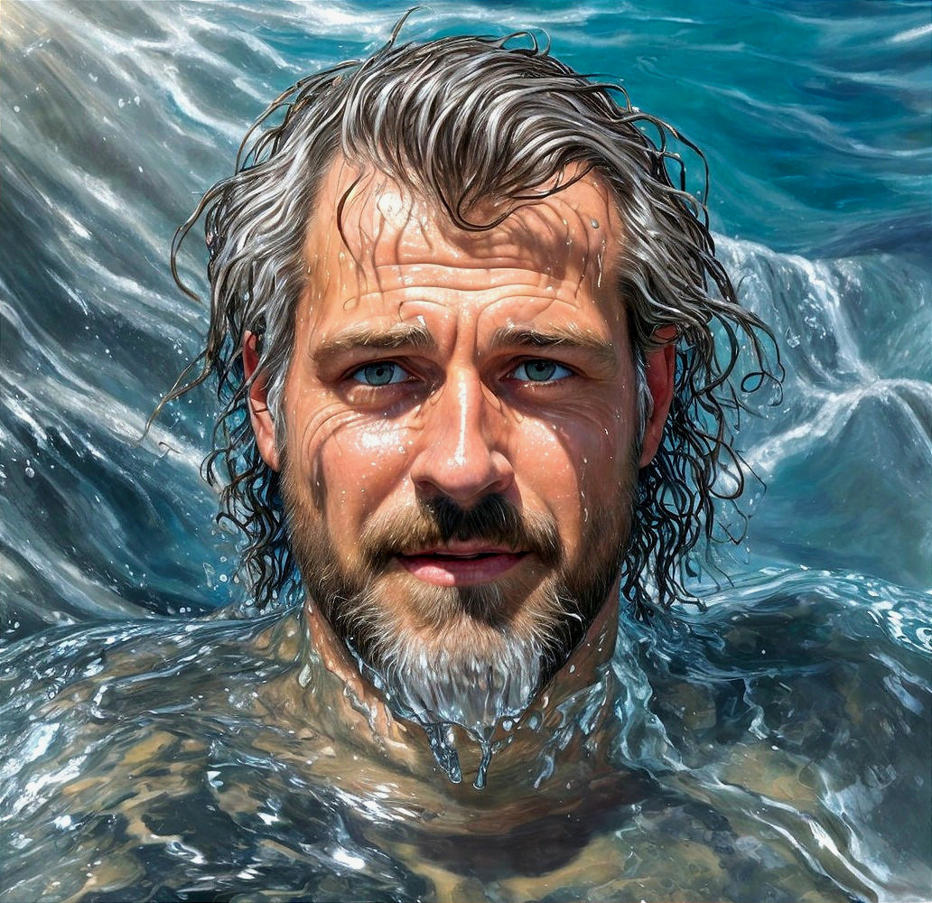 Man with Silver Hair and Blue Eyes in Water Scene