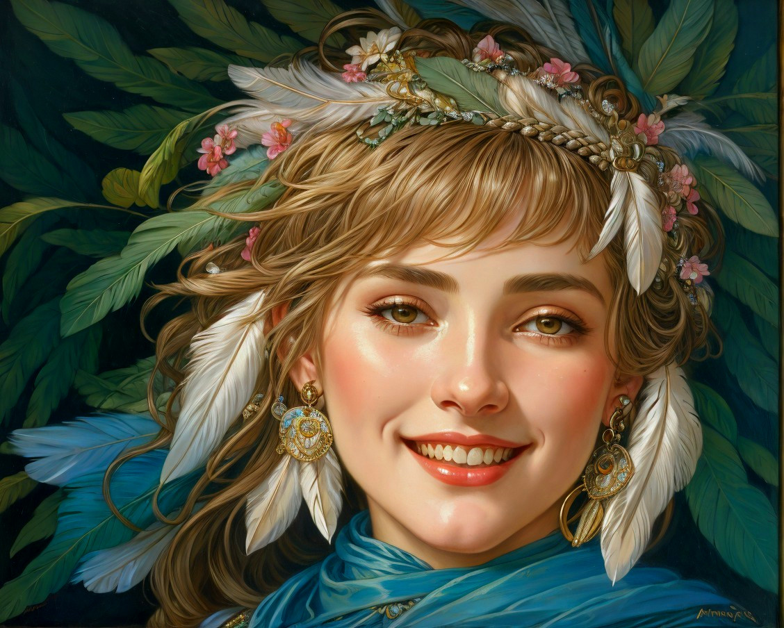 Painting of a Smiling Woman with Floral Headpiece