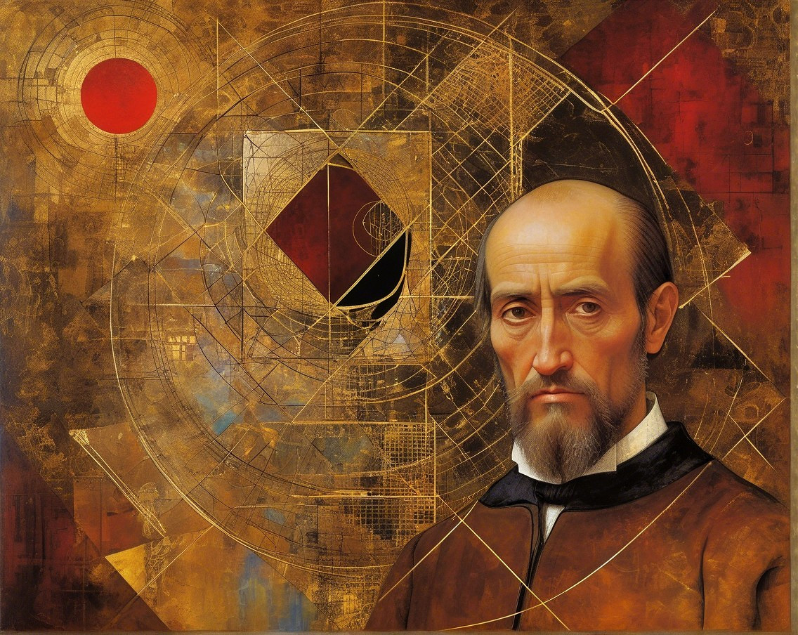 Serious Man in Dark Robe Against Geometric Patterns