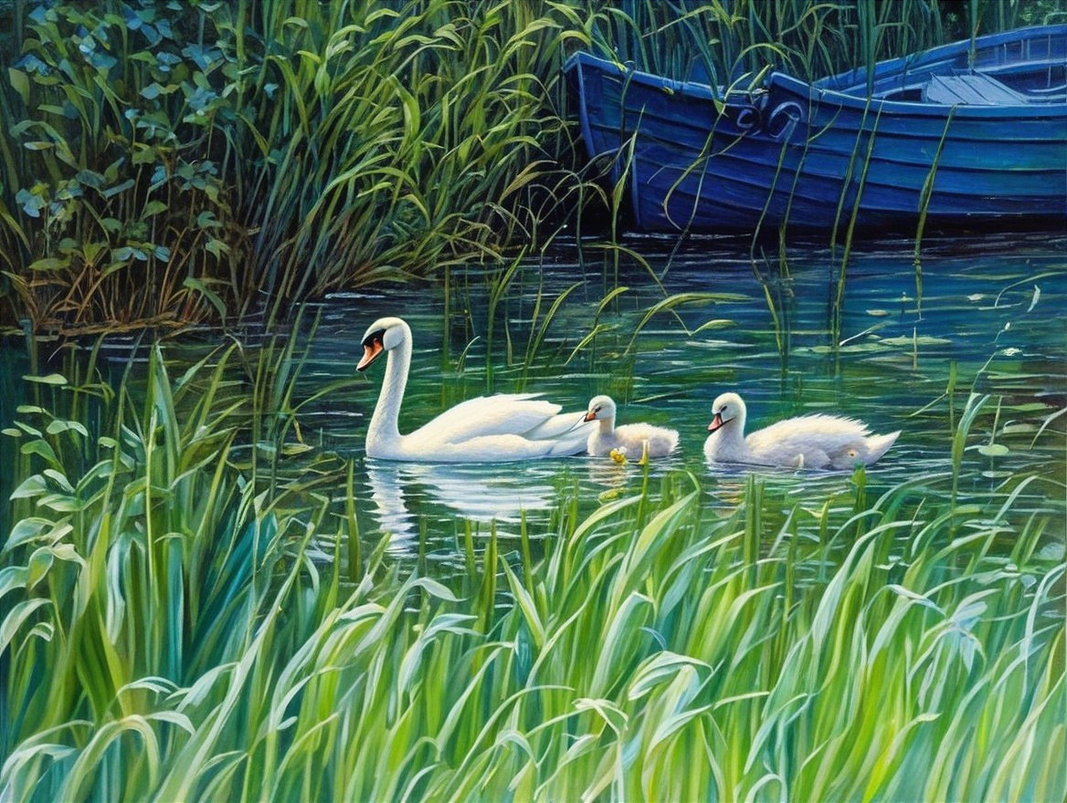 Tranquil Waterway with Swan and Cygnets Reflection