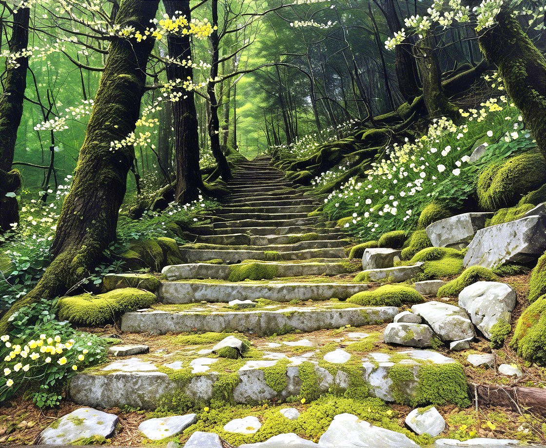 Moss-Covered Stone Steps in a Serene Forest Pathway