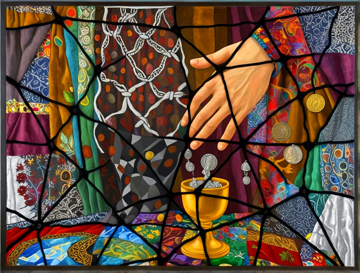 Detailed Tapestry with Hand and Golden Chalice