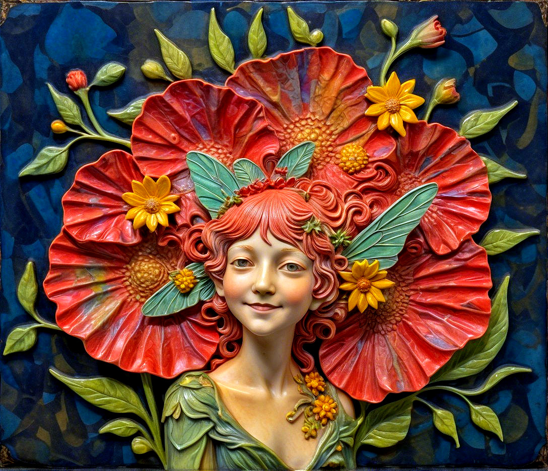 Detailed Relief Sculpture of Woman with Flowers