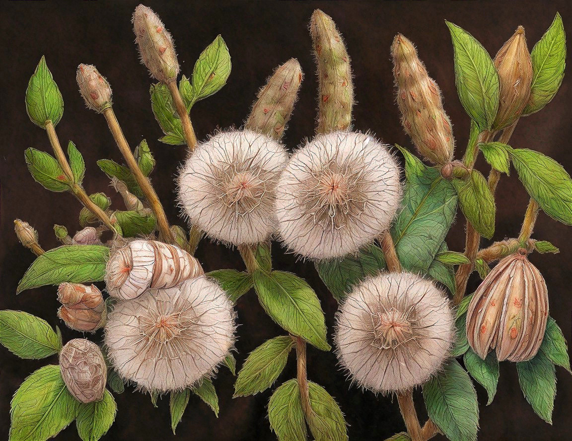 Botanical Illustration of Fluffy Dandelion Flowers