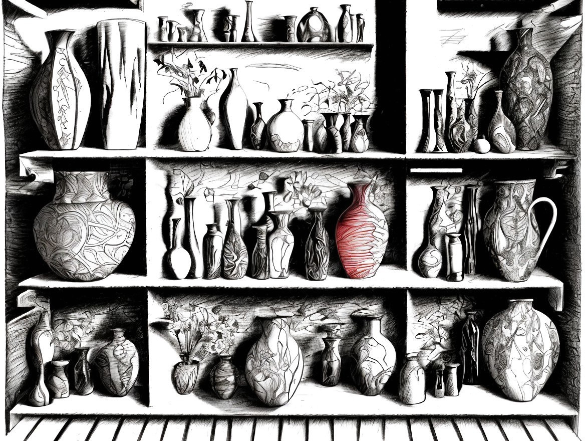 Intricately Designed Vases on a Decorative Shelf