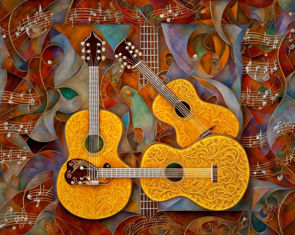 Intricate Yellow Guitars in Colorful Abstract Design