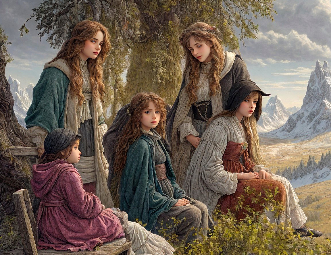 Young Women in Earthy Tones by Mountain Landscape