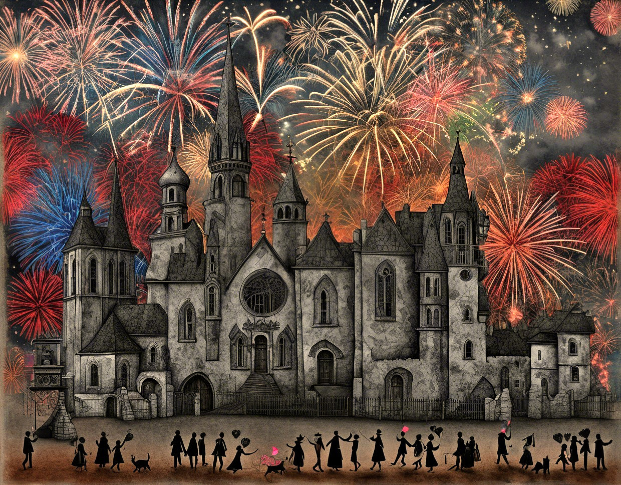 Grayscale Castle Illustration with Colorful Fireworks