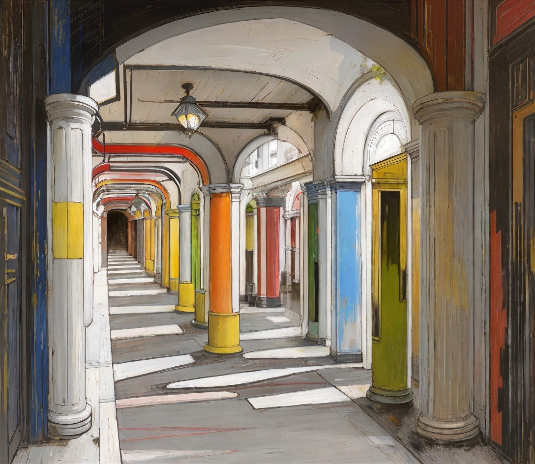 Colorful Columns and Arched Doorways in Vibrant Corridor