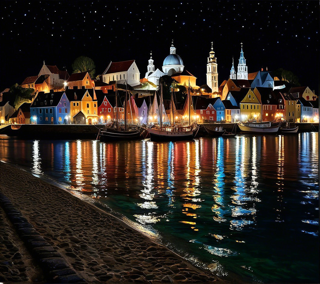 Coastal Town at Night with Colorful Buildings and Stars