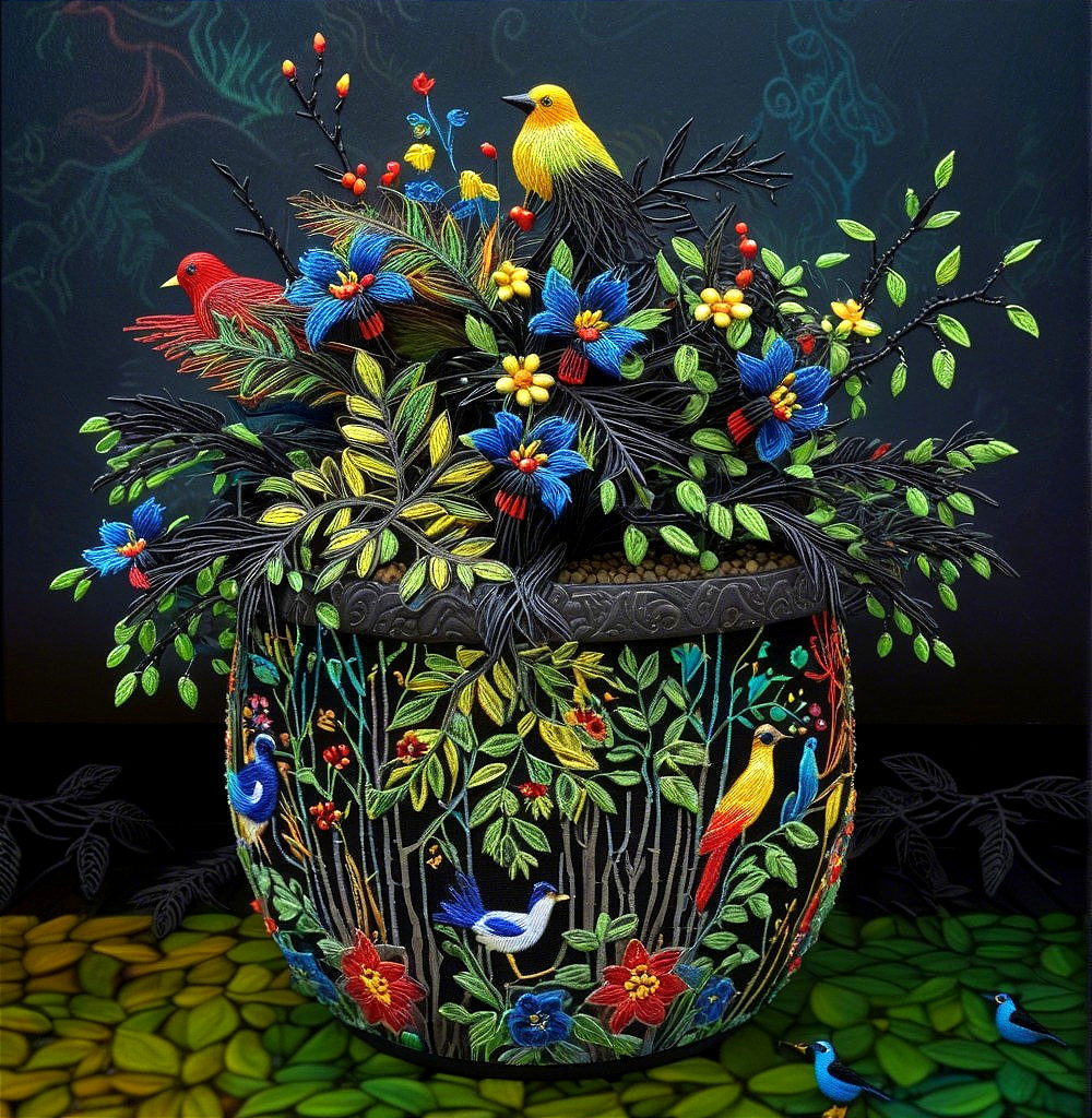 Vibrant Embroidered Floral Arrangement in Decorative Pot