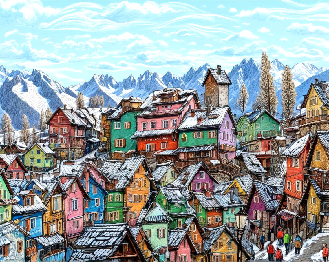 Vibrant Snowy Village Surrounded by Towering Mountains