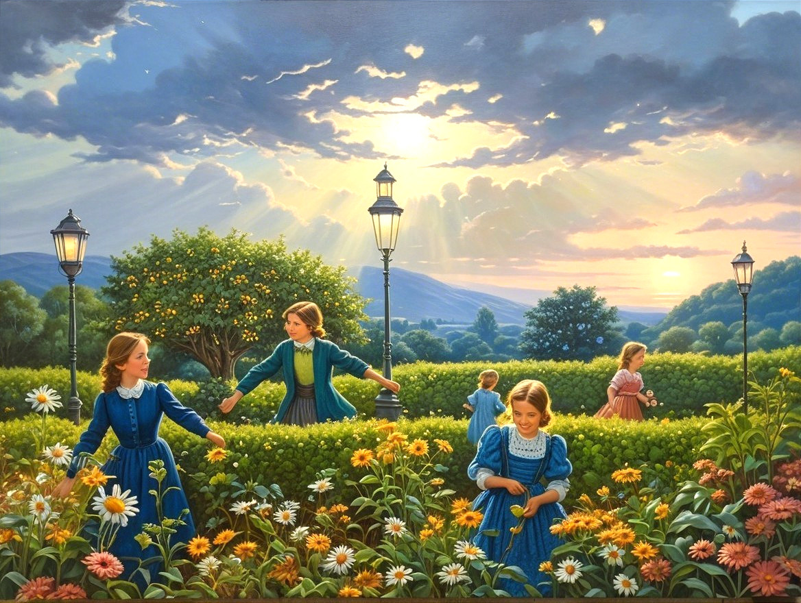 Serene Landscape with Girls in Vintage Dresses and Flowers