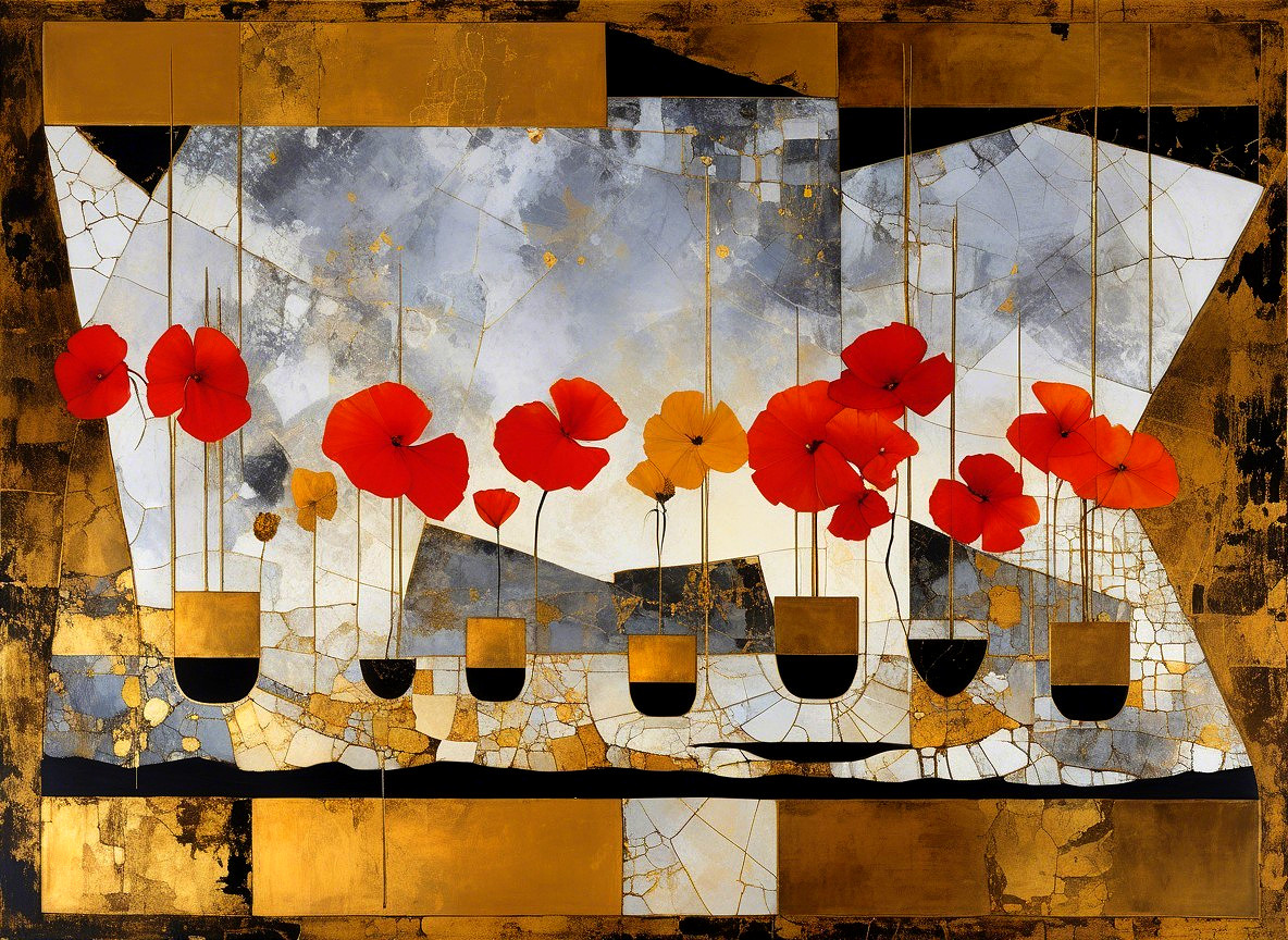 Abstract Painting with Gray, Gold, and Red Flowers