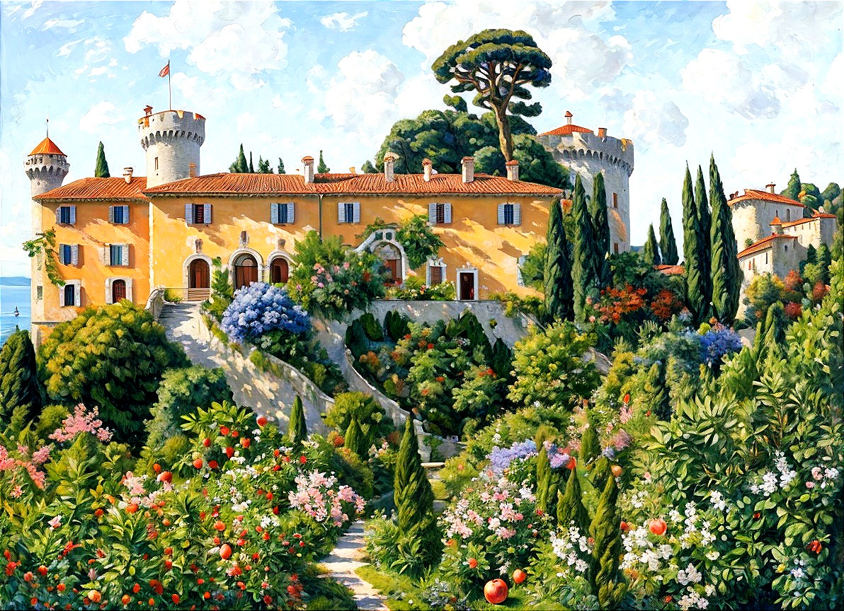 Vibrant Castle Landscape with Gardens and Blue Sky