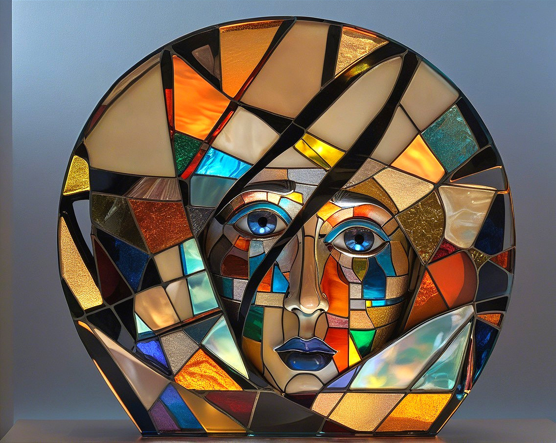Abstract Stained Glass Artwork with Vibrant Face Design