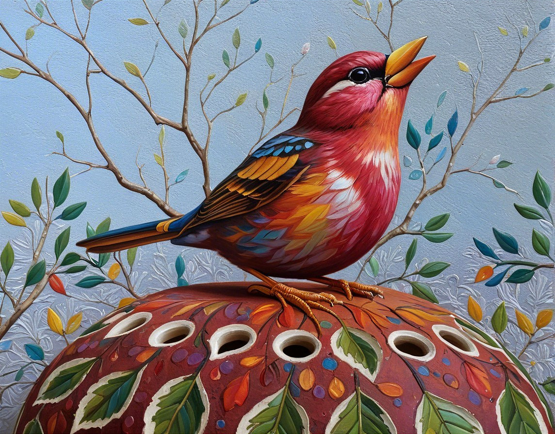 Vibrant Bird on Leafy Base with Springtime Background