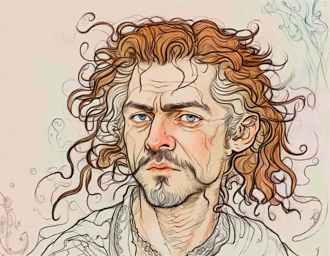 Stylized portrait of a man with wild red hair