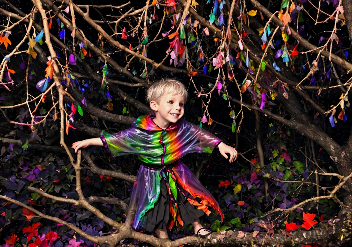 Child on Branch in Colorful, Enchanting Setting
