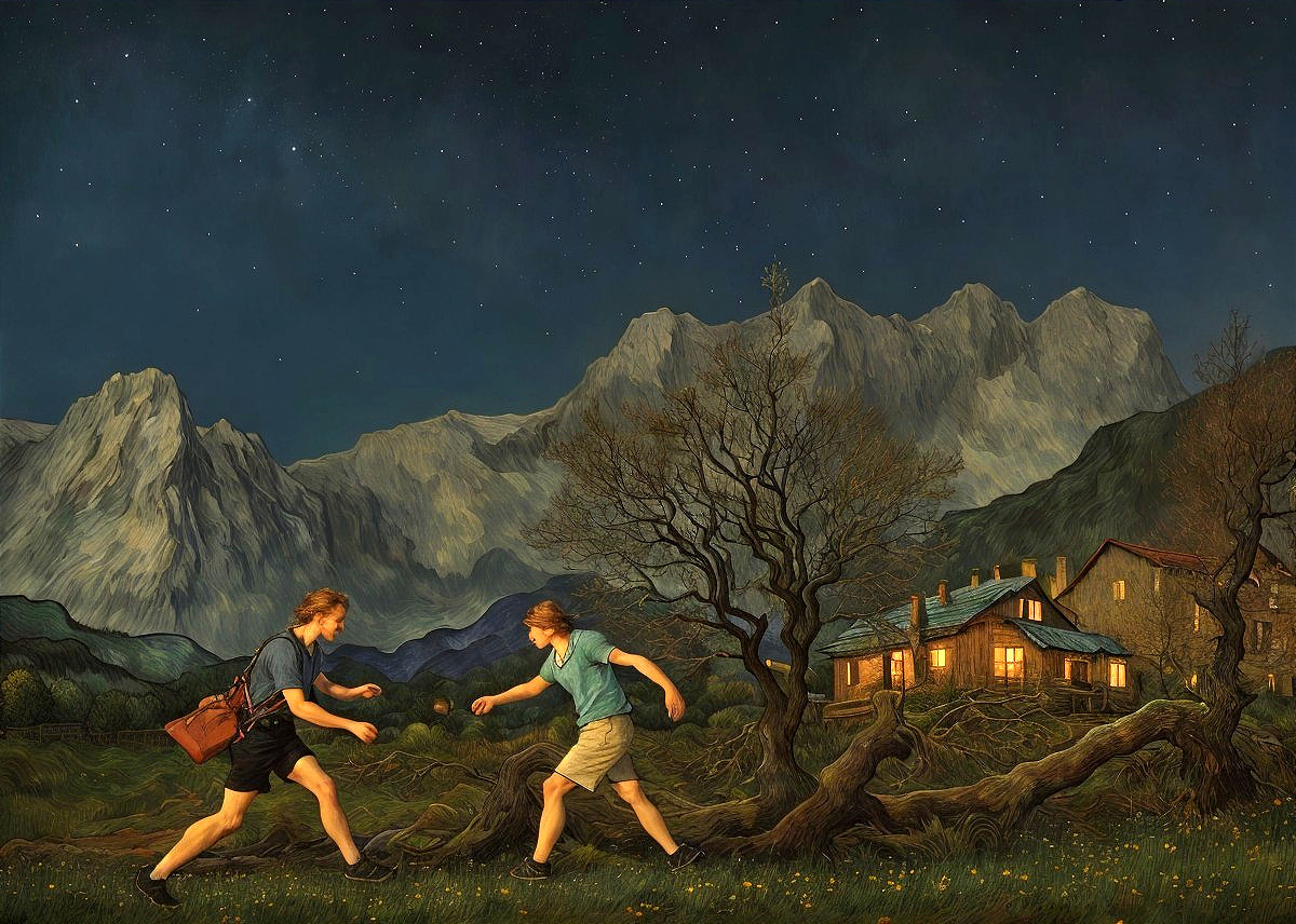 Individuals Playing Catch in a Night Landscape