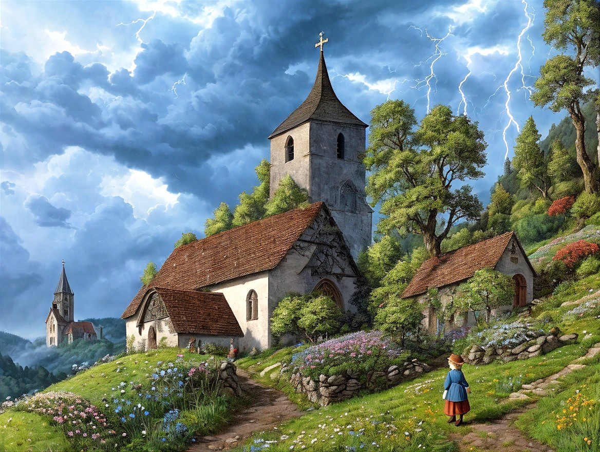 Rustic Churches in Lush Landscape Under Stormy Sky