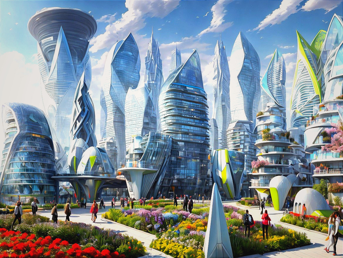 Futuristic cityscape with skyscrapers and gardens