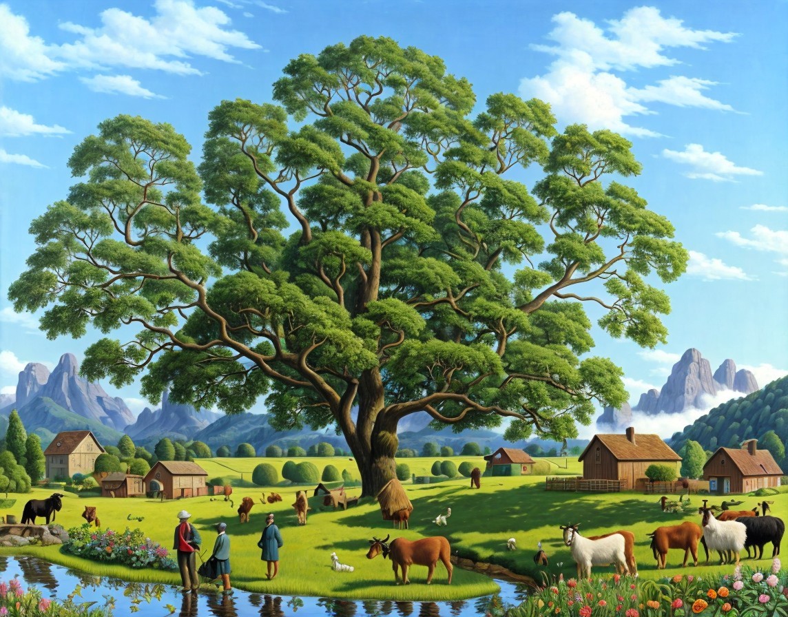 Idyllic Rural Landscape with Animals and Stream