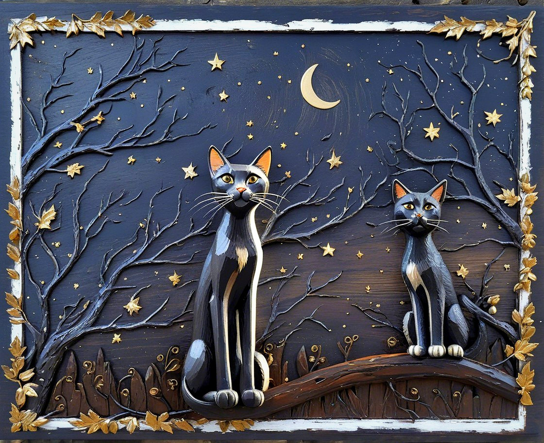 Stylized Cats on Branch Under a Starry Night Sky