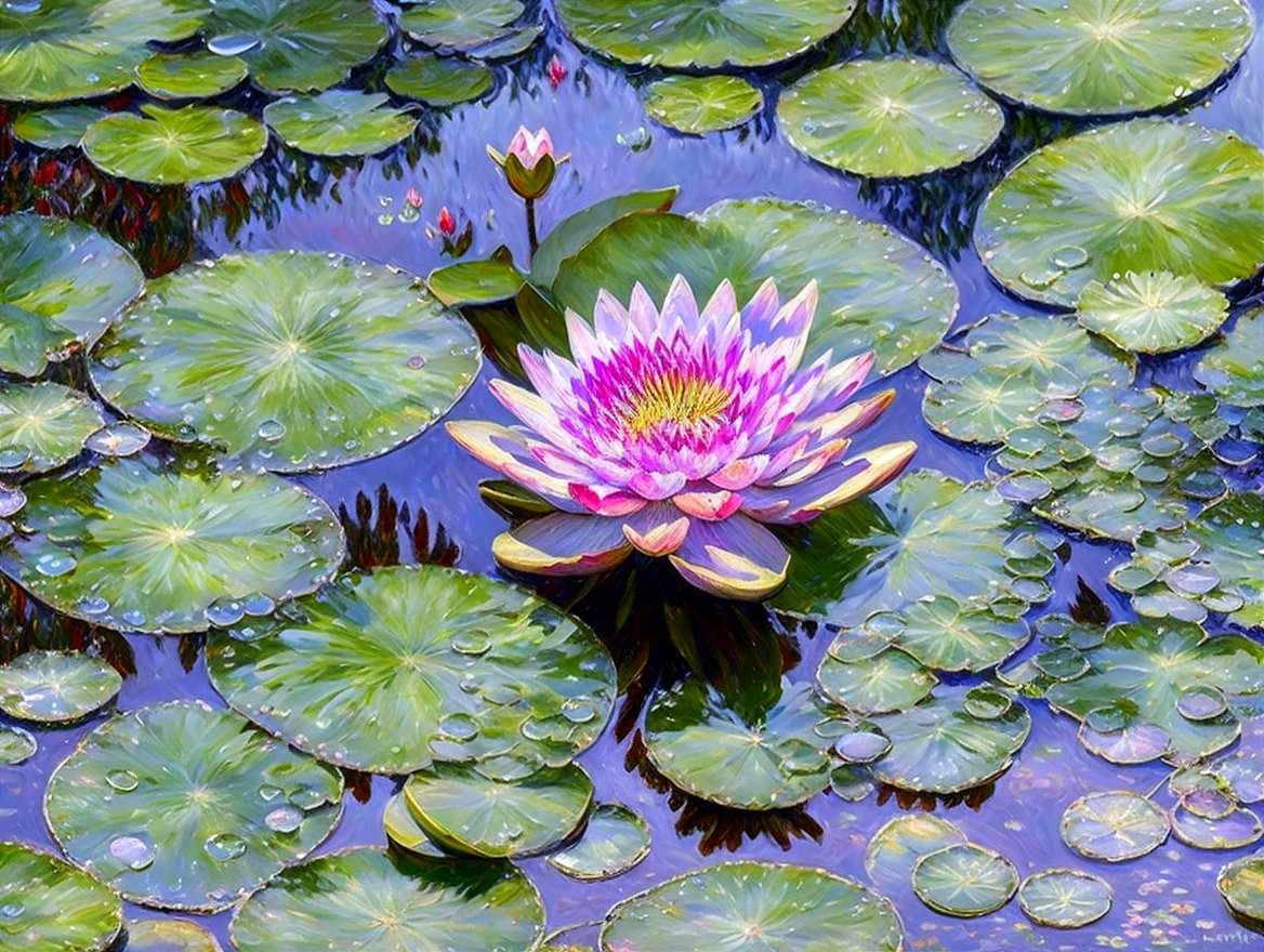 Vibrant Water Lily in Serene Pond Setting