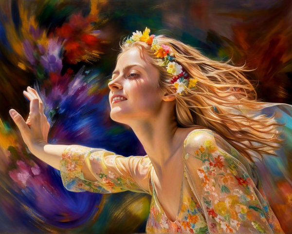 Radiant Young Woman in Floral Crown and Dress