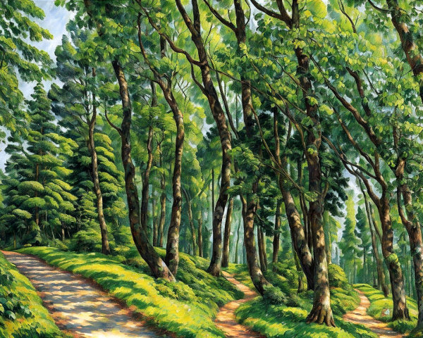 Vibrant Forest Scene with Lush Trees and Blue Sky