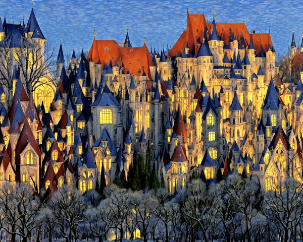 Illuminated Castle Village with Fantasy Architecture