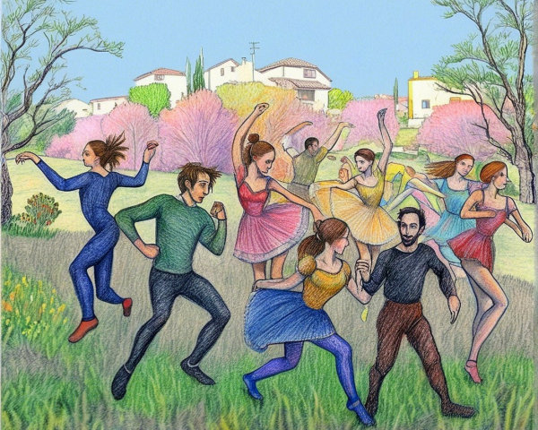 Dancers in Colorful Costumes Amidst Blooming Trees