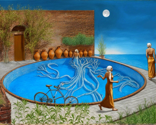 Serene Pool with Brick Walls and Golden-Robed Figures