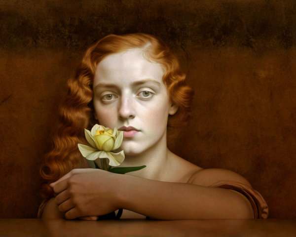 Portrait of a Young Woman with Red Curls and Flower