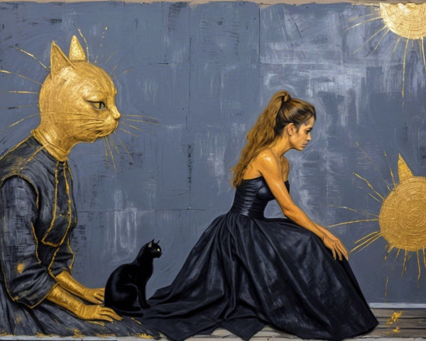 Surreal Scene of Woman and Anthropomorphic Cat