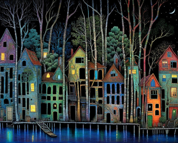 Colorful Houses in a Whimsical Nighttime Scene