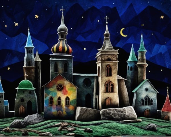 Colorful Night Village with Church Towers and Hills