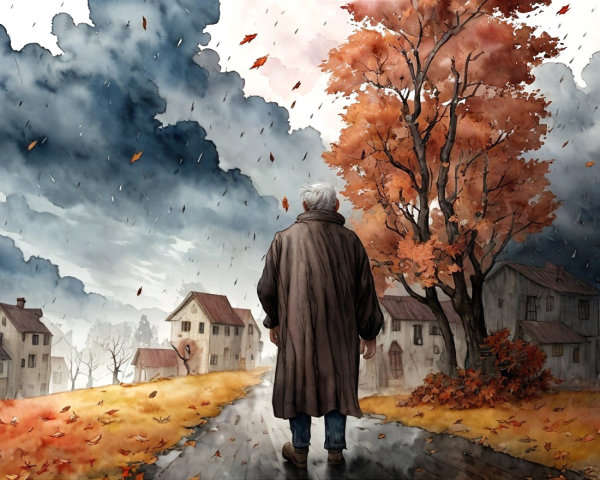 Solitary Figure Walking on Leaf-Lined Pathway