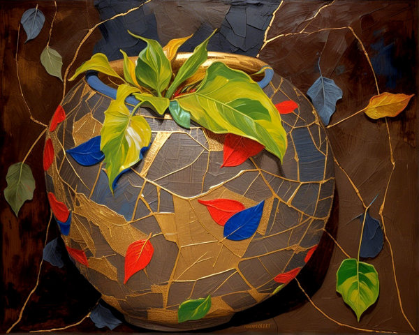 Textured vase with colorful leaves and golden details