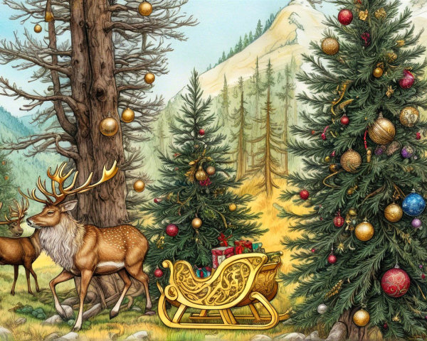 Whimsical Christmas Forest Scene with Deer and Sleigh