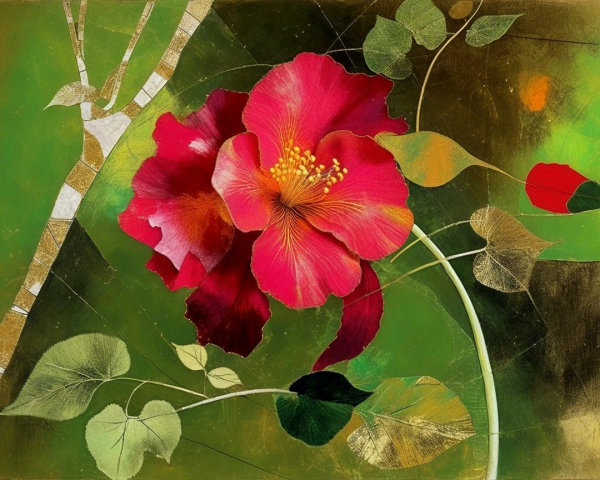Vibrant Illustration of Red Flower with Green Leaves