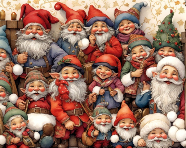 Whimsical Christmas Illustration of Gnomes and Elves